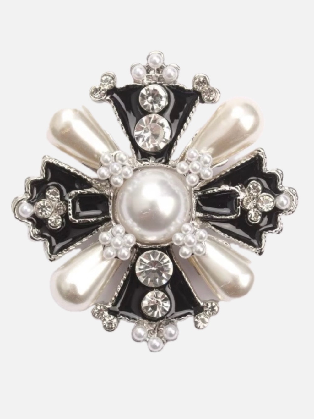 Women’s Black Cross-Style Brooch with Pearl-like Accents and Rhinestones NWT